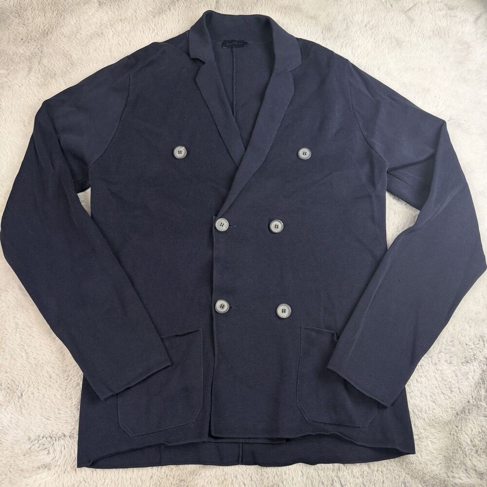 Lanvin Men's Knitted Cotton Double-Breasted Jacket Navy Blue Mens Size L